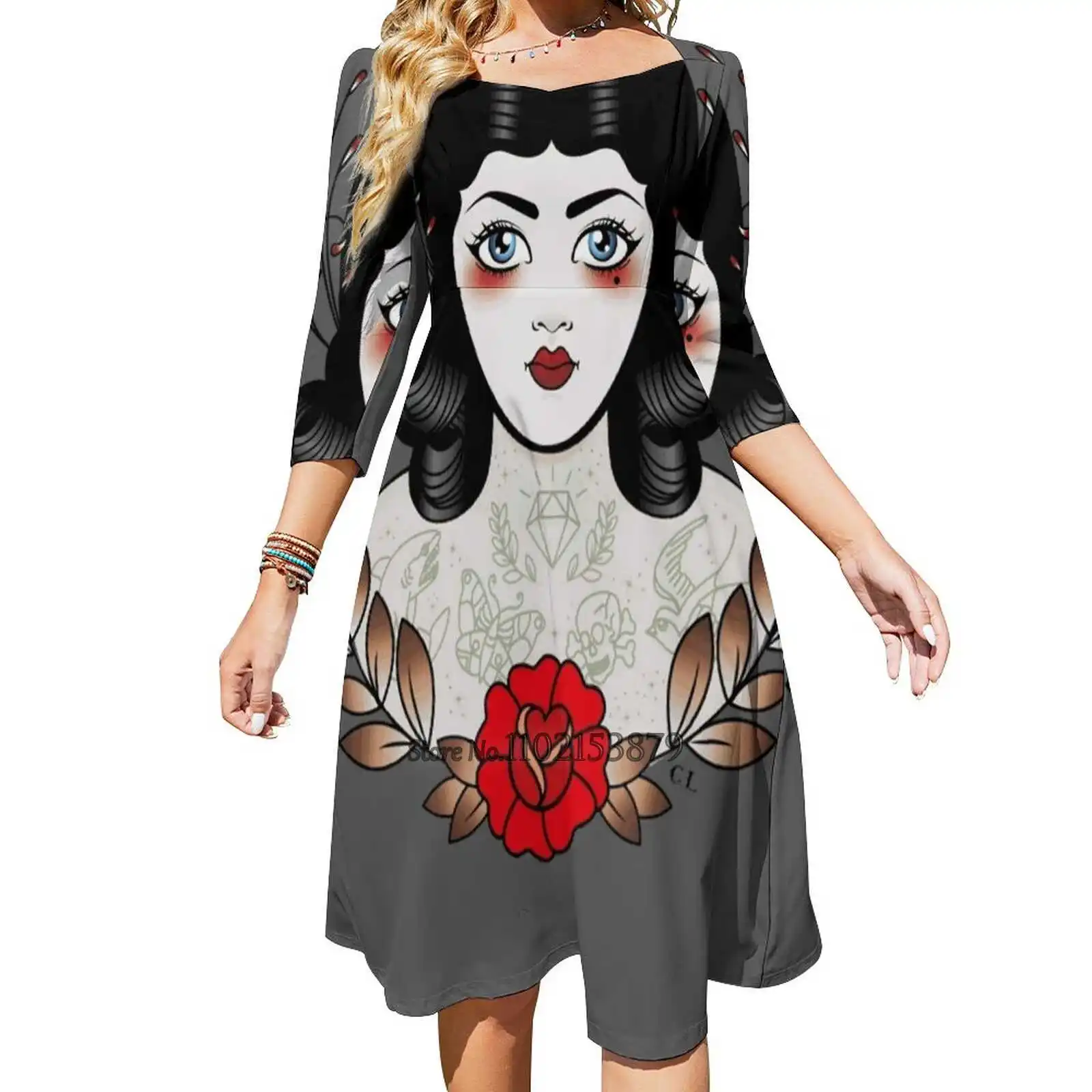 

Платье-хлопушка для девушек с татуировкой на спине, платье с открытой спиной и квадратным вырезом, вечерние платья, сексуальное платье сред...