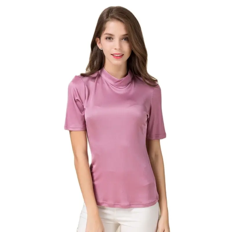 

Женская однотонная водолазка с коротким рукавом, трикотажные топы из 100% шелка, женские летние эластичные дышащие облегающие футболки с узором, лидер продаж на весну и лето