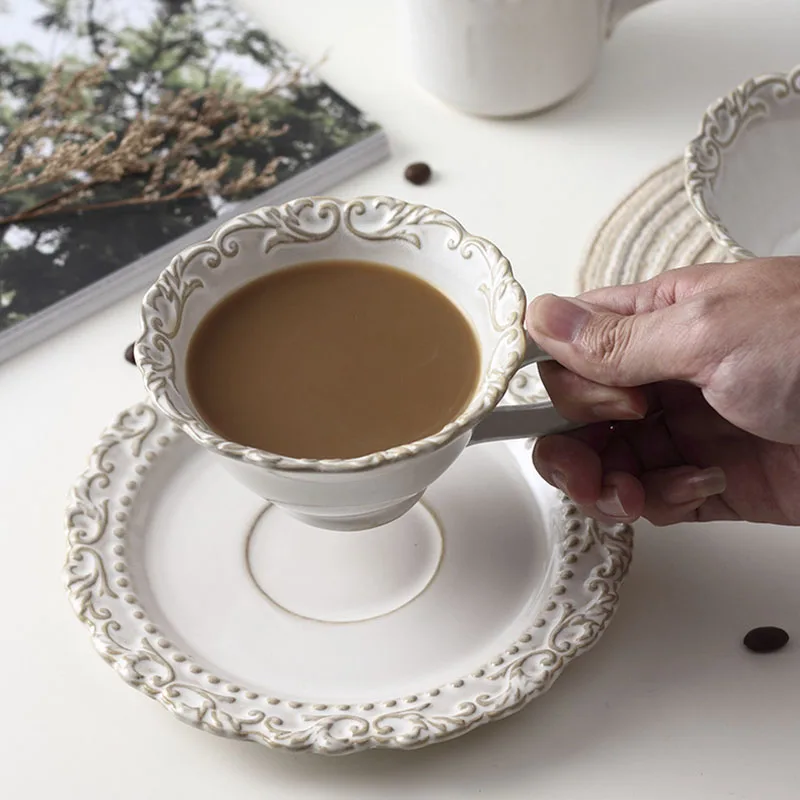 

White Embossed Coffee Cup Saucer Espresso Latte Afternoon Tea Porcelain Vintage Ceramic Cups Water Breakfast Taza Drinkware