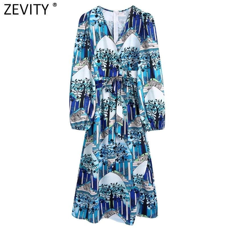 

ZEVITY New Women Vintage V Neck Patchwork Picture Print Bow Sashes Kimono Dress Female Chic Lantern Sleeve Midi Vestidos DS9052