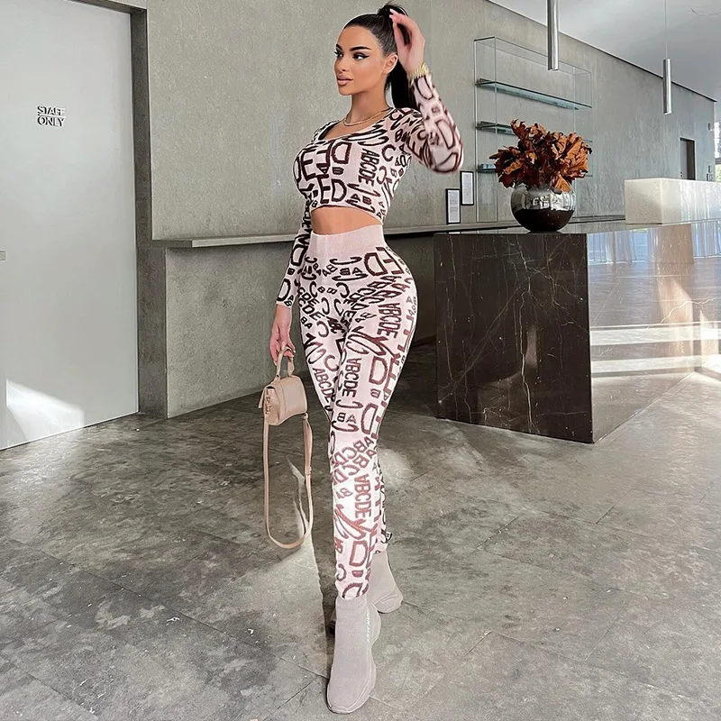 

Woman 2pcs Rib Suit Letter Printed Long Sleeve Crop T-shirt+Pencil Pant Tracksuit sexy two piece set women plus size outfits