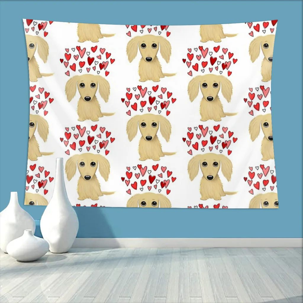 

Longhaired, крем, такса с сердцами, домашний гобелен, День Святого Валентина, фон, подвесное одеяло, настенное искусство, Декор, эстетика