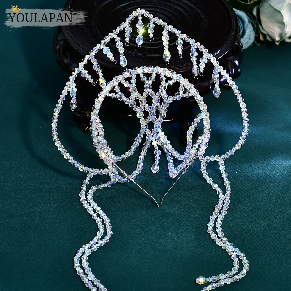 Фото Свадебная корона-ободок YouLaPan AB Crystal с длинными кисточками, ручной работы, расшитая бисером, для конкурсов красоты, украшение для волос A417 №5