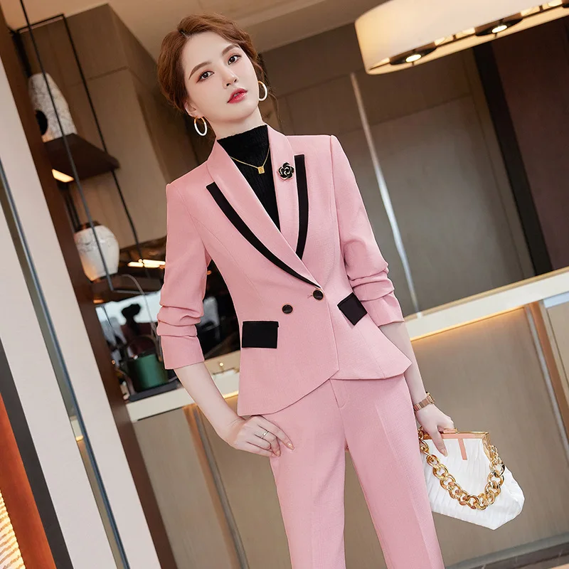 IZICFLY New Style Autumn Winter Slim Office Business Pink Pants Suits For Women Work Wear Two Piece Blazer Sets Outifits