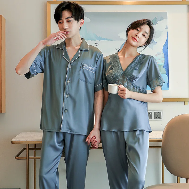 New Short Sleeve Satin Chiffon Silk Couple Pajamas Soft Men's Set Female Lace Sexy Ice Home Fur