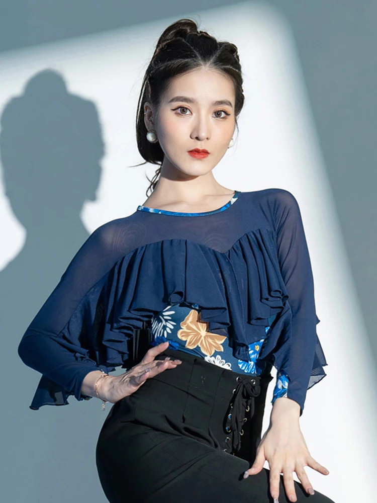 

Blue Latin Dance Tops Women Mesh Long Sleeves Bodysuit Flower Print Latin Performance Wear Ballroom Dance Shirts Adult DNV16909