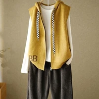 vest women hooded top sleeveless cardigan checkerboard knitted vest korean fashion loose zipped sweater vest spring autumn grace