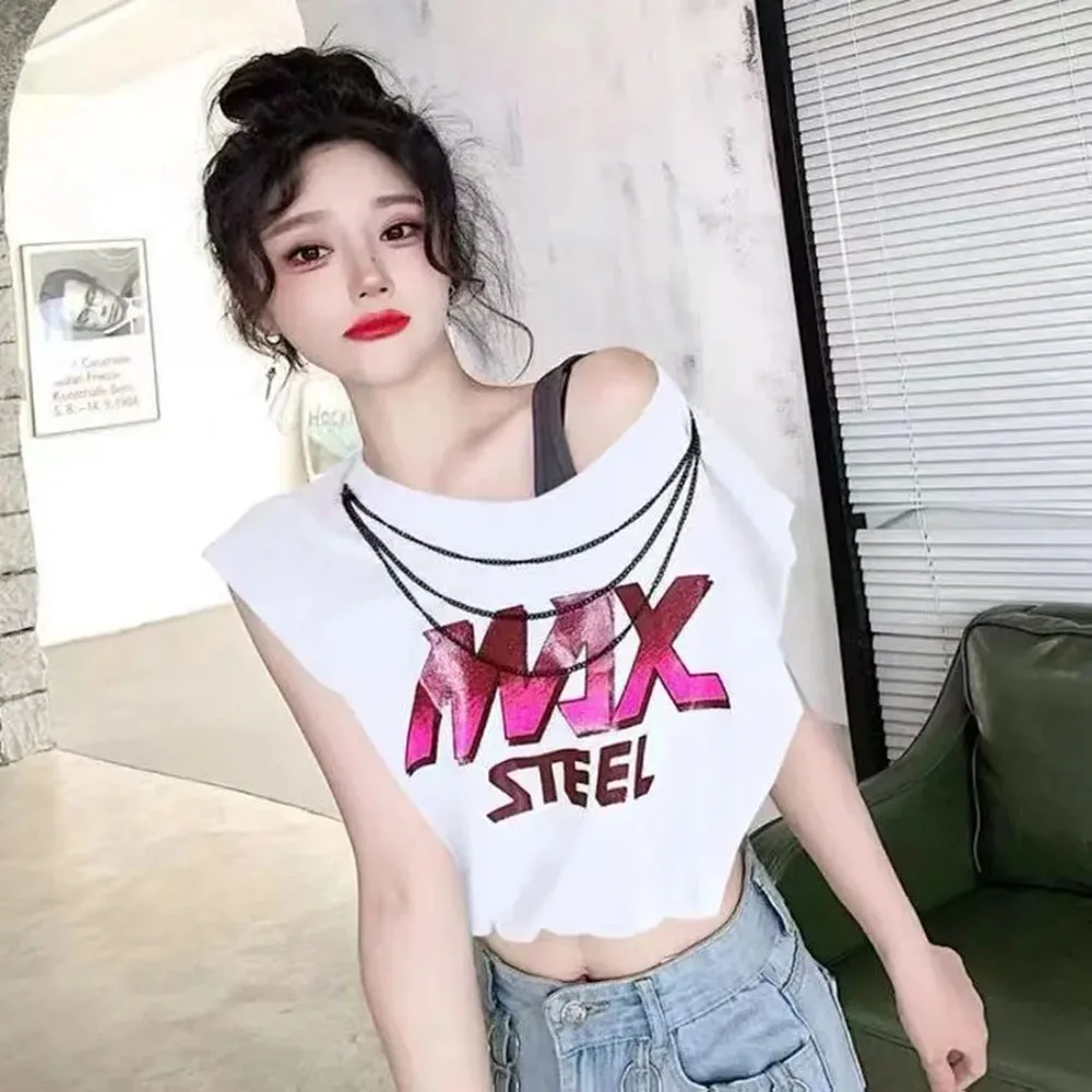 

Hot Girls Street Loose High Waist T-shirts Women Trendy Tank Top Sleeveless Letter Print T Shirt Ladies Fashion Chain Sexy Tees