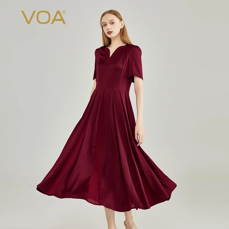 

VOA Silk Heavyweight Wine Red Double Sided Satin Short Sleeve V-neck Tucker Ruffle Georgette Patched Large Swing Dress AE2178