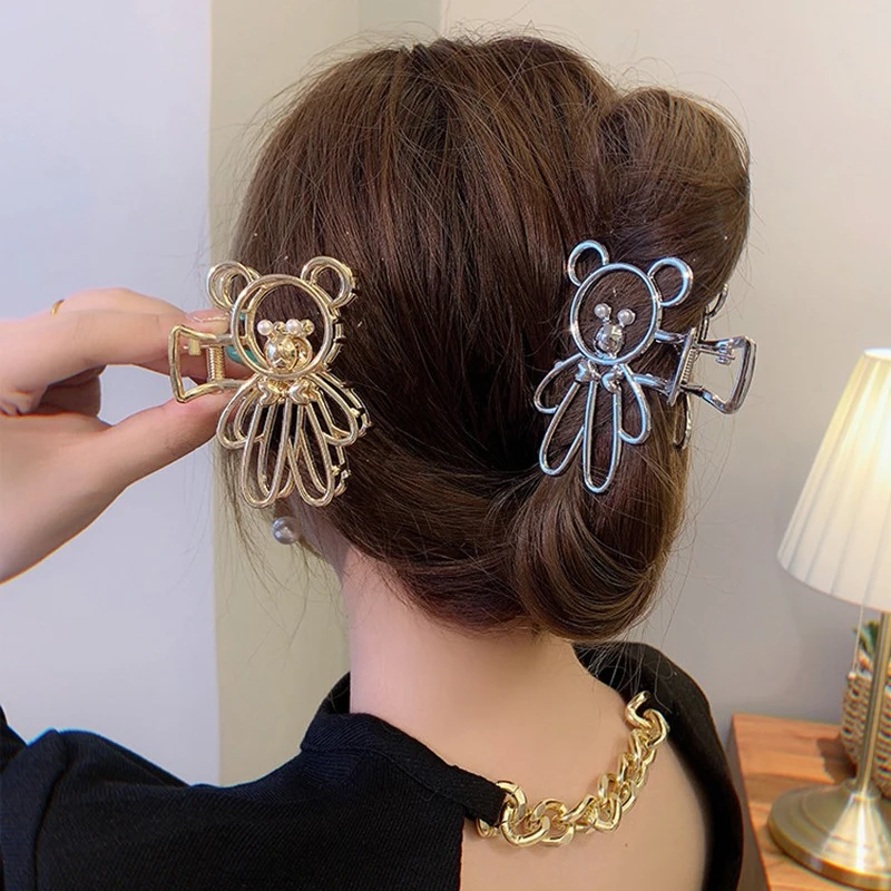 

Cute Cartoon Bear Hair Claws for Women Friend Gift Gold Silver Hollow Bears Hairpin Elastic Shark Clip Headwear Hair Accessories