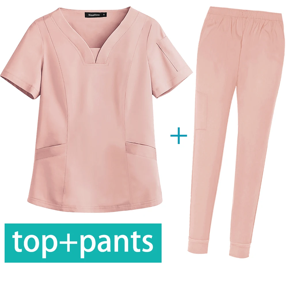 Women Men Medical Uniform Scrub Sets V Neck Top Pants Soft Lightweight Pocket Nursing Slim Suit Short Sleeve Nurse New | Тематическая