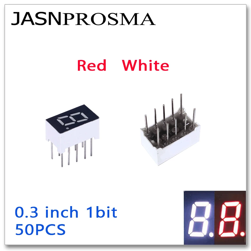 

JASNPROSMA, 50 шт., 0,3 дюйма, 7 сегментов, 1 бит, цифровая трубка, красный, белый, общий катод, анод, светодиодный дисплей 0,3 дюйма, 0,3 дюйма, 1 бит