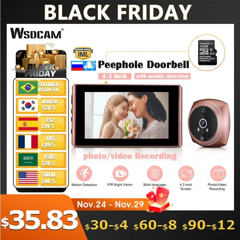 

Беспроводной дверной звонок WSDCAM, инфракрасный видеозвонок с камерой ночного видения, водонепроницаемый, мобильный детектор двери Smart Hom, 4,3 дюйма