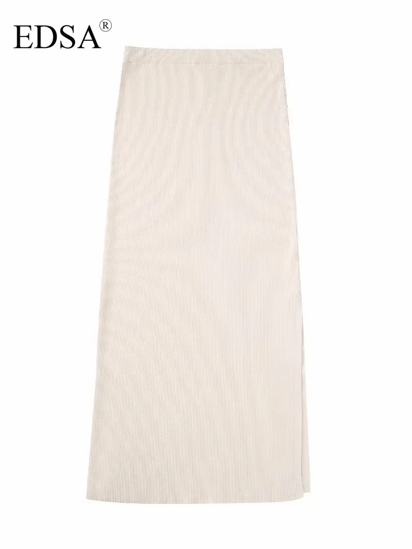 

EDSA Women Elegant High Waist Ribbed Knit Midi Skirt 2023 Summer Elasticated Waistband Side Slit at Hem Streetwear