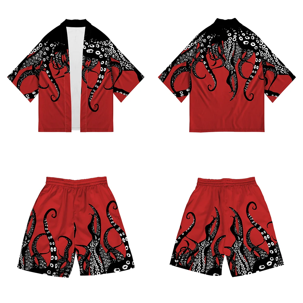 Plus Size New Octopus Print 2022 Summer Loose Japanese Streetwear Cardigan Men Harajuku Kimono Suit Pants Design Shirts Yukata