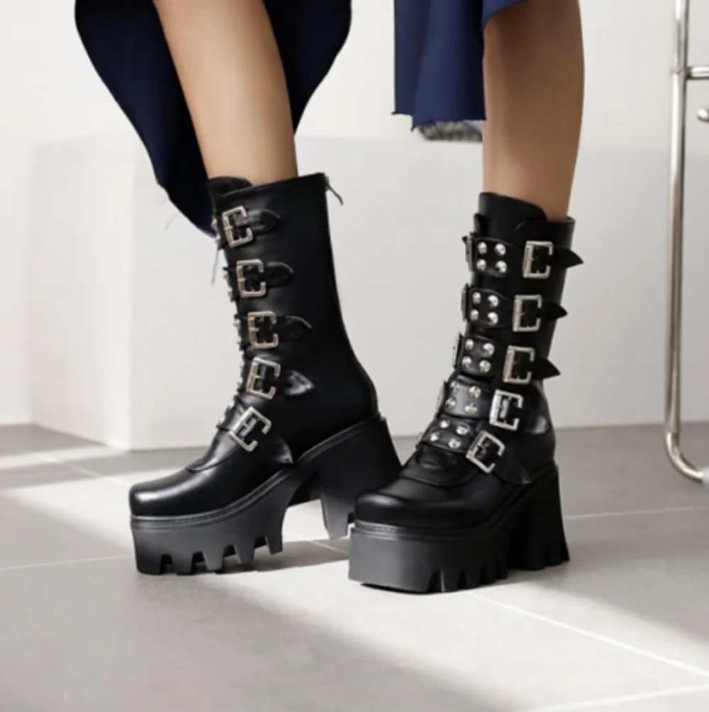 

British Style Women's Rivet Block High Heel Combat Boots Platform Motorcycle New