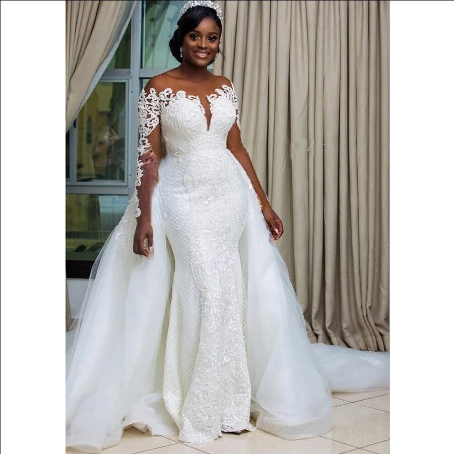 

South African Mermaid Wedding Dresses Detachable Overskirt Sheer Neck Off Shoulder Long Sleeves Bridal wedding Gowns