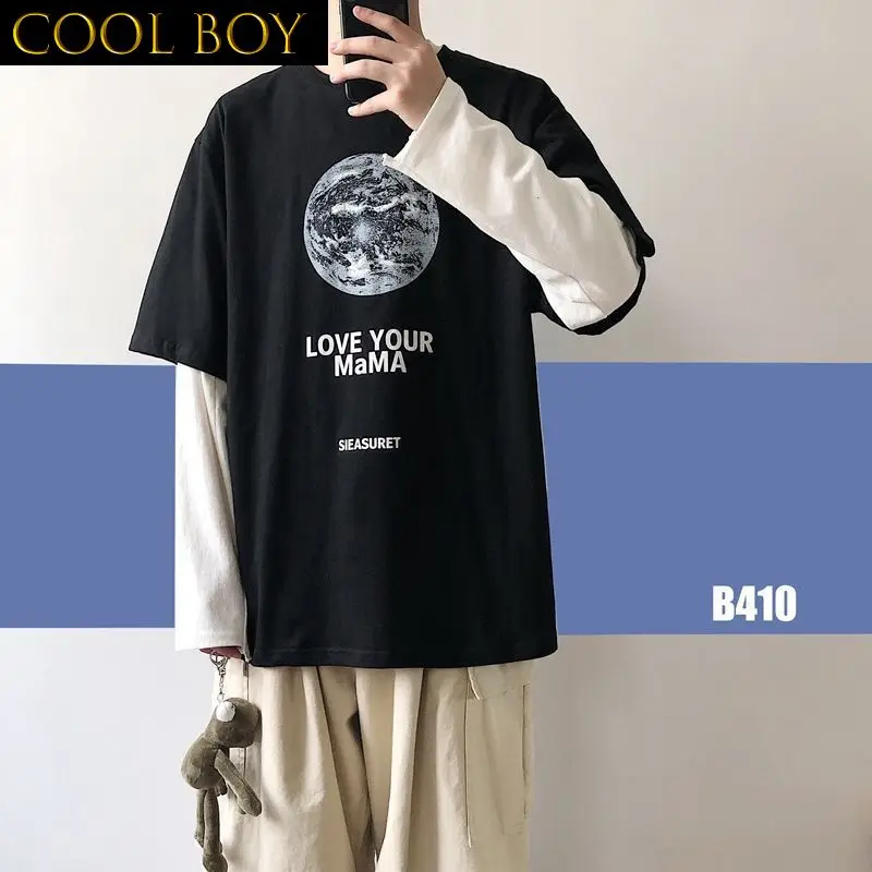 

Футболка мужская с длинным рукавом и надписью, модная Свободная Повседневная Уличная одежда для пар, шикарная имитация двух предметов, в стиле хип-хоп