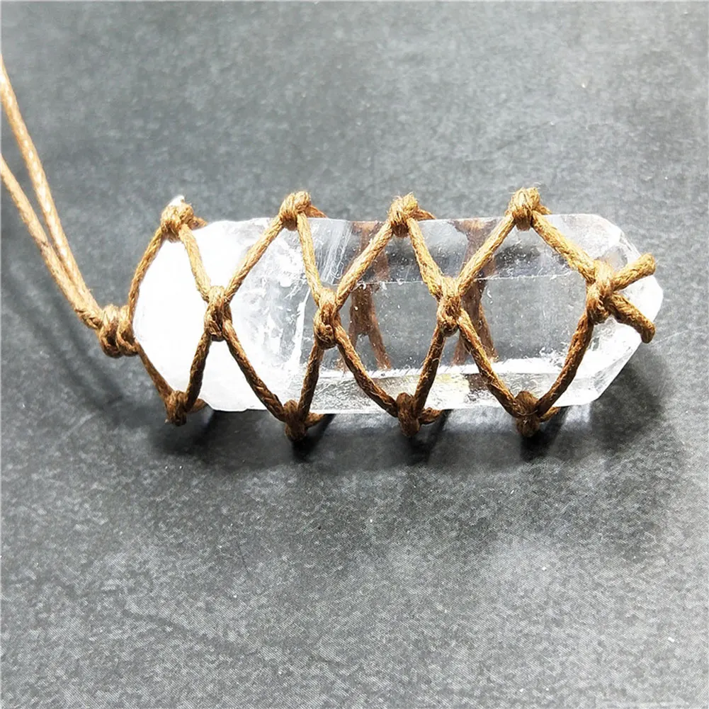 

White Quartz Crystal Gemston Natural Mineral Braid Net Pocket Pendant With Rope Reiki Healing Stone Raw Crystal Quartz Necklace