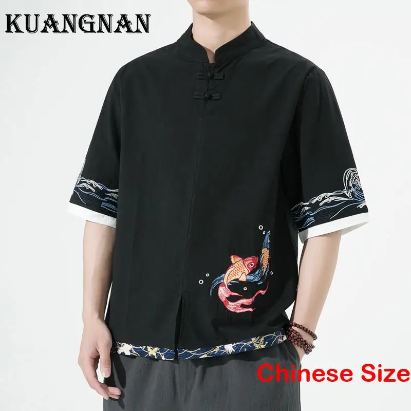 

KUANGNAN Carp Embroidery Vintage Clothing Half Shirts Men's Social Shirt Blouse Black Top Male Clothes Luxury 5XL 2023 Summer