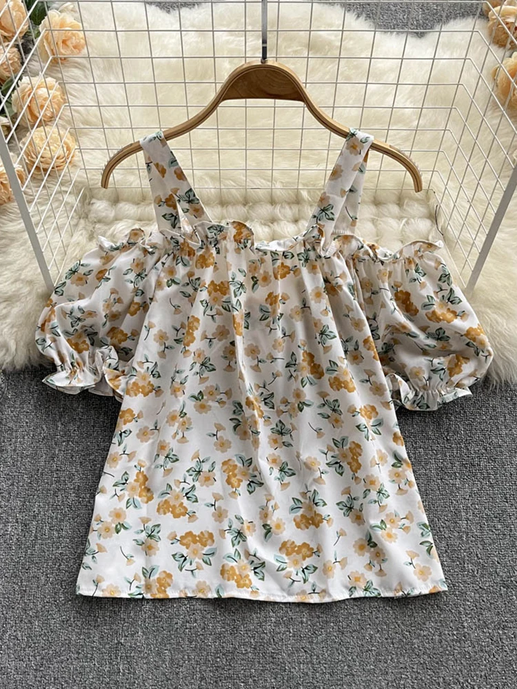 

FTLZZ New Summer Sexy Women Spaghetti Strap Puff Sleeve Top Casual Lady Floral Print Crop Top Sweet Loose Shirt for Holiday