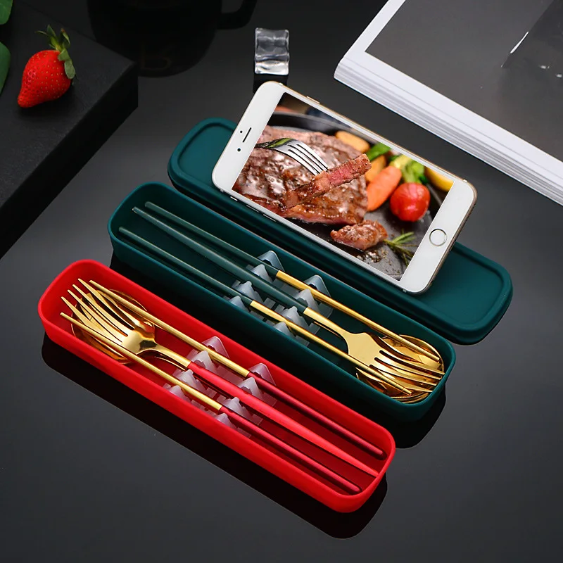 

Portable Stainless Steel Travel Cutlery Set Tableware Camping Gold Food Chopsticks Fork Spoon with Box Kitchen Accessories