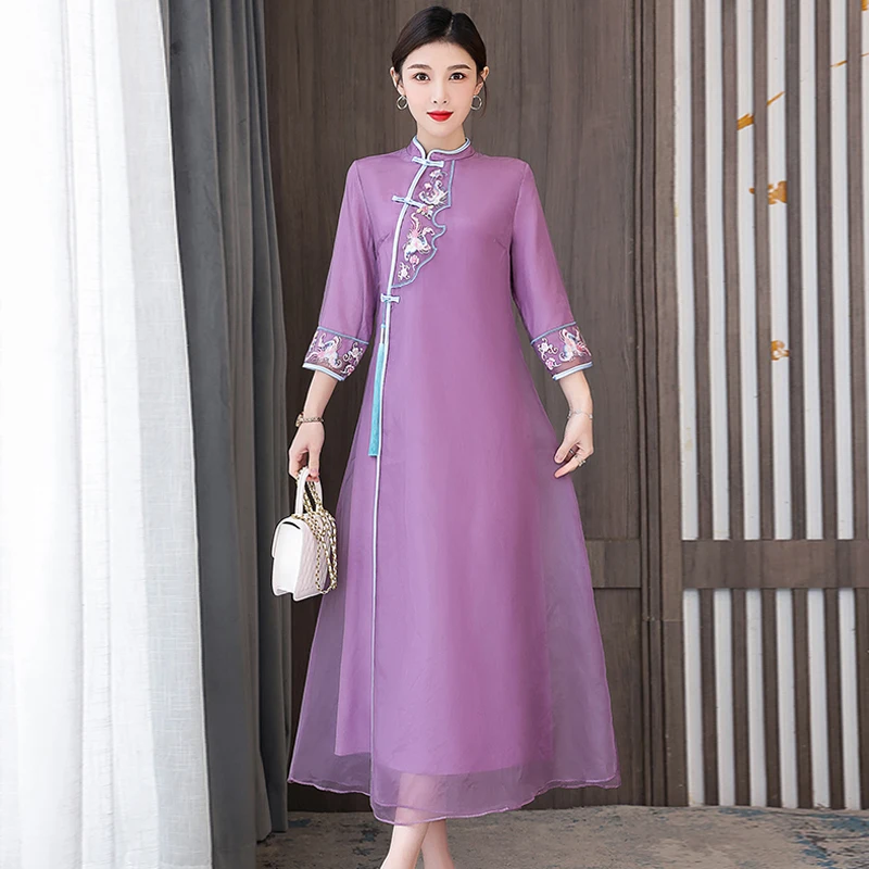 

2023 Chinese traditional chiffon embroidery elegant hanfu qi pao a line tea art dress fairy women graceful cheongsam dress a655