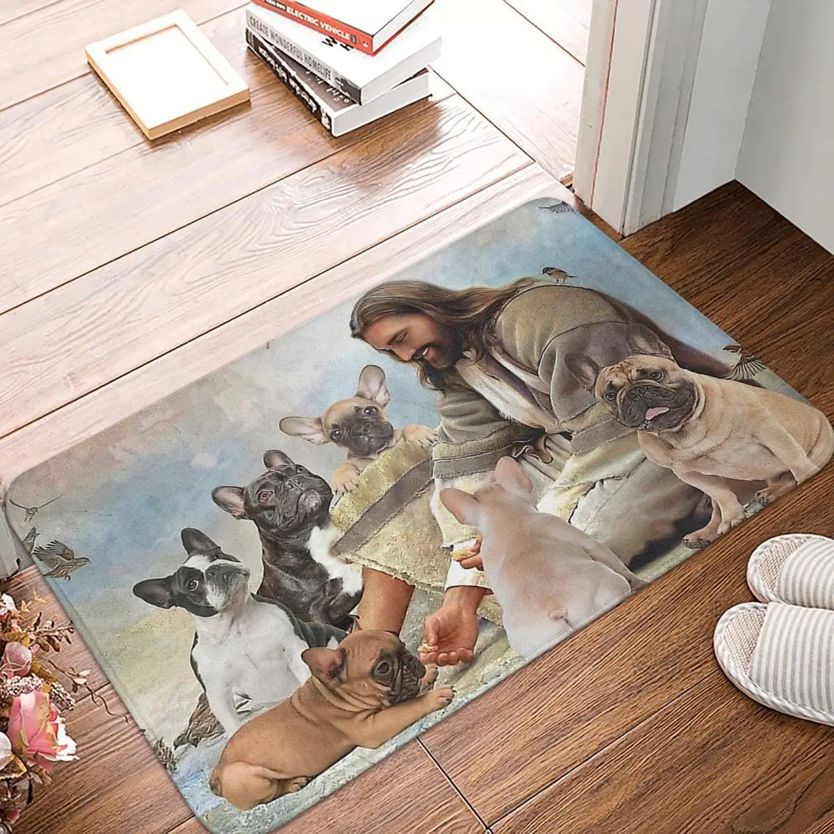

Bulldog Bath Mat Jesus God Surrounded Doormat Kitchen Carpet Entrance Door Rug Home Decor