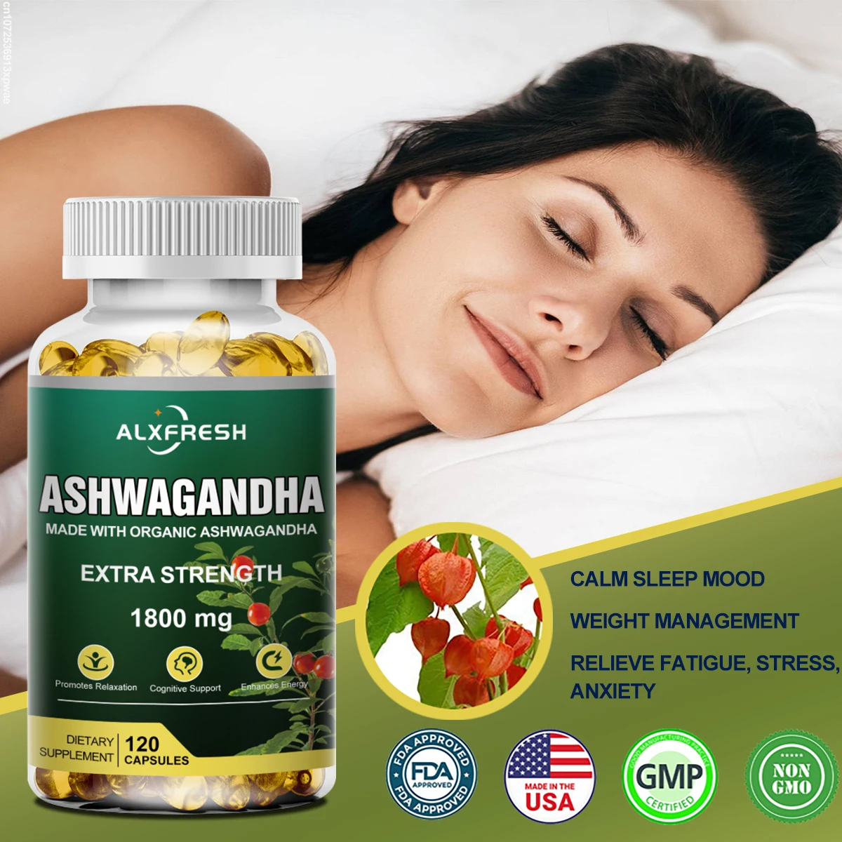Alxfresh 3X Ashwagandha Extract Capsules Antioxidant Reduces Fat Relieves Stress Improves Sleep Enhances Immunity Boost Energy
