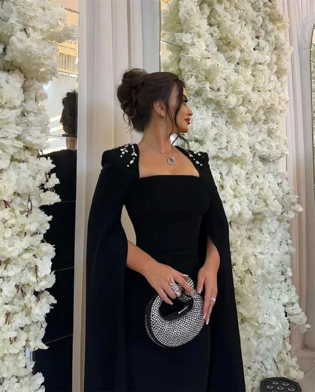 Customized Fashion Jersey Rhinestone Pleat Straight Square Neck Long Dresses Bespoke Occasion Modern Style Exquisite
