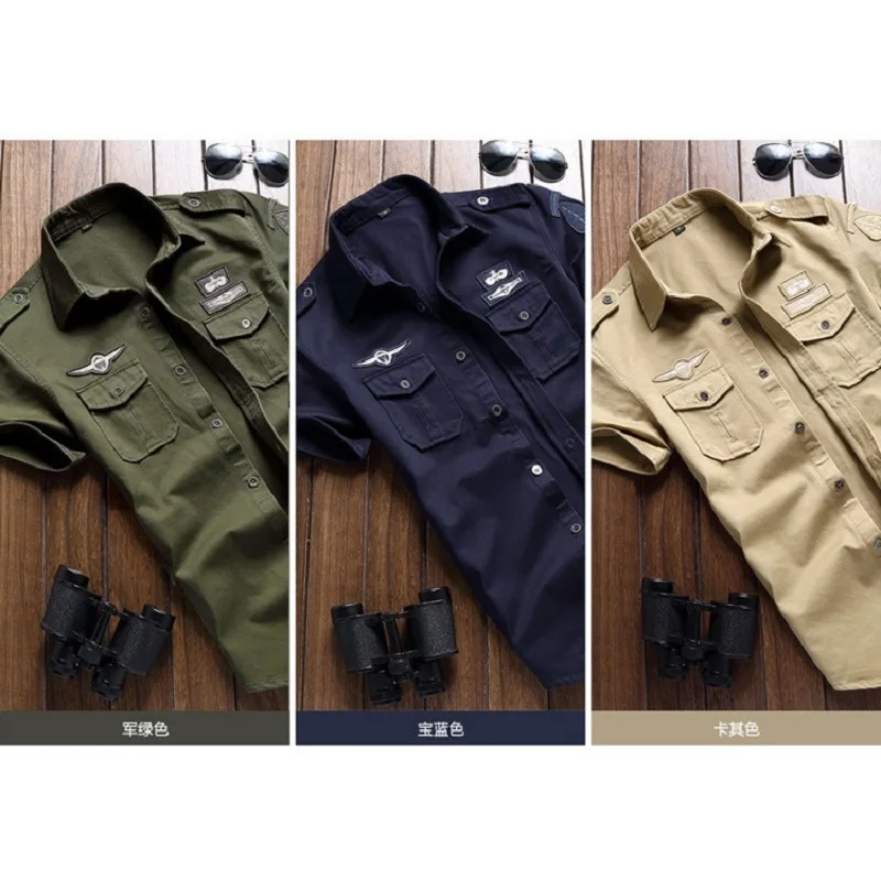 Military Shirt Men's Shirts Casual Style Fashion Clothing Cotton Short Sleeve Retro Vintage 6XL Embroidery White Drop Shipping