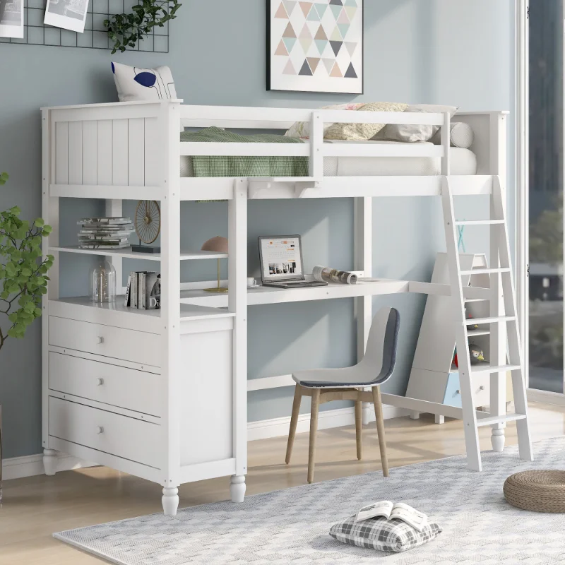 

Twin Size Loft Bed with Drawers and Desk\ Wooden Loft Bed with Shelves - White(OLD SKU: LP000530AAK) White Solid