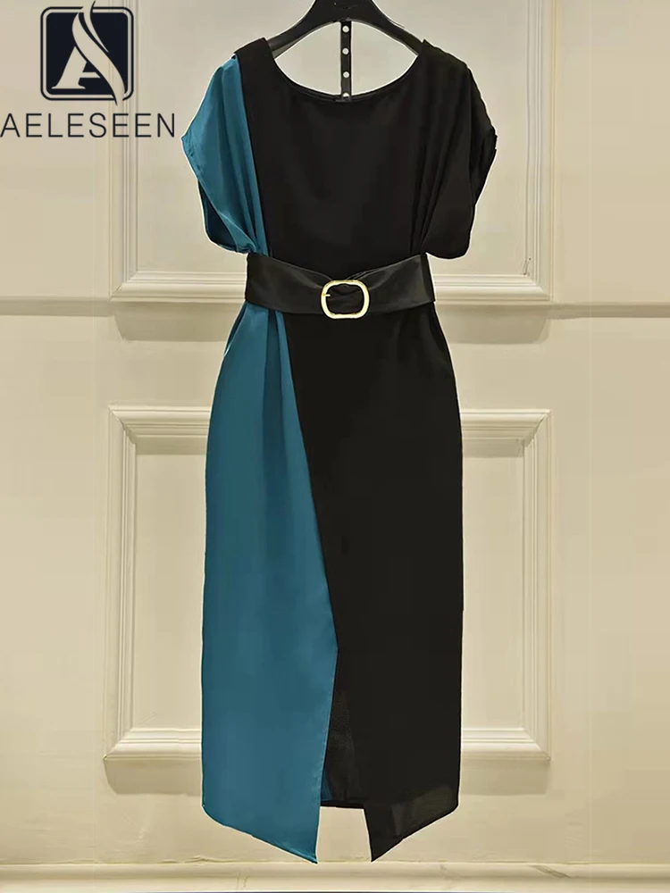 

AELESEEN Fashion Runway Summer Sexy Dress Women Yellow Blue Contrast Color With Belt Splited Office Lady Midi Irregular Elegant
