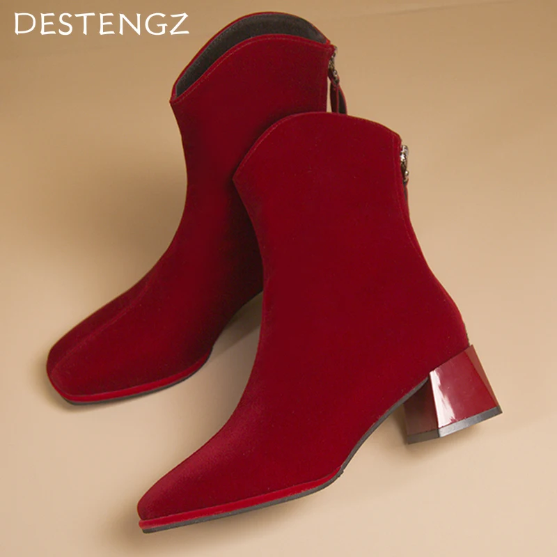 Замшевые женские ботильоны на массивном каблуке Модная элегантная Свадебная