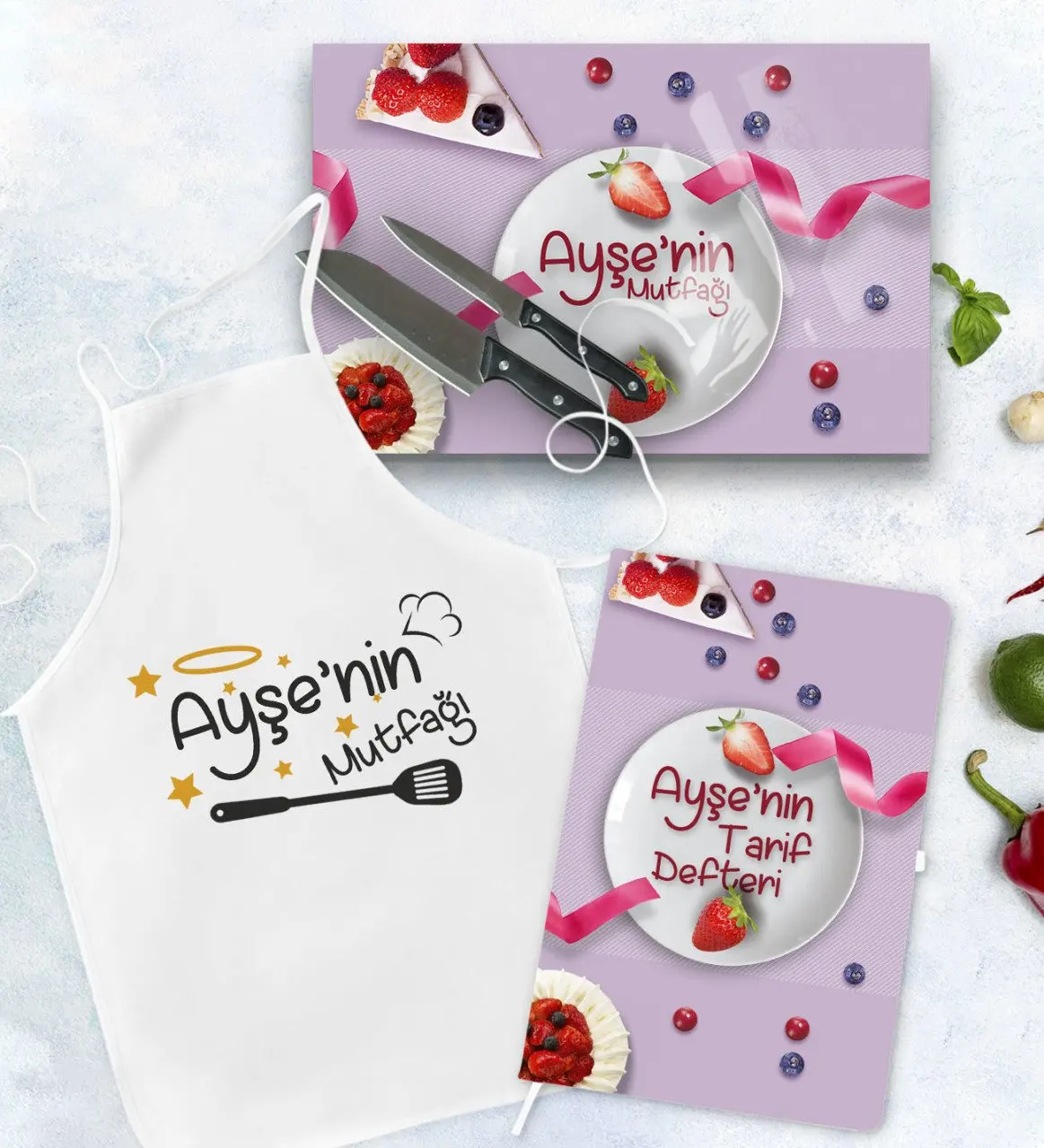 

Персонализированный Кухонный Фартук книга рецептов и стеклянный резной стол подарочный набор модель 16