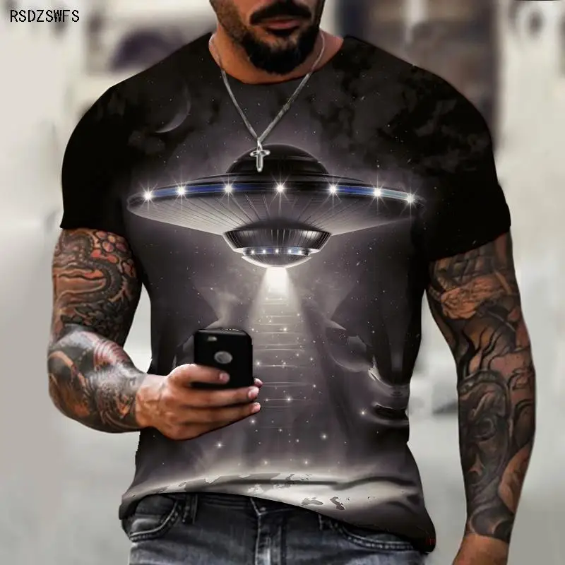 

Science Fiction UFO Spaceship Outer Space Technology Personality Trend Men's Summer 2021 New Oversized T-shirt