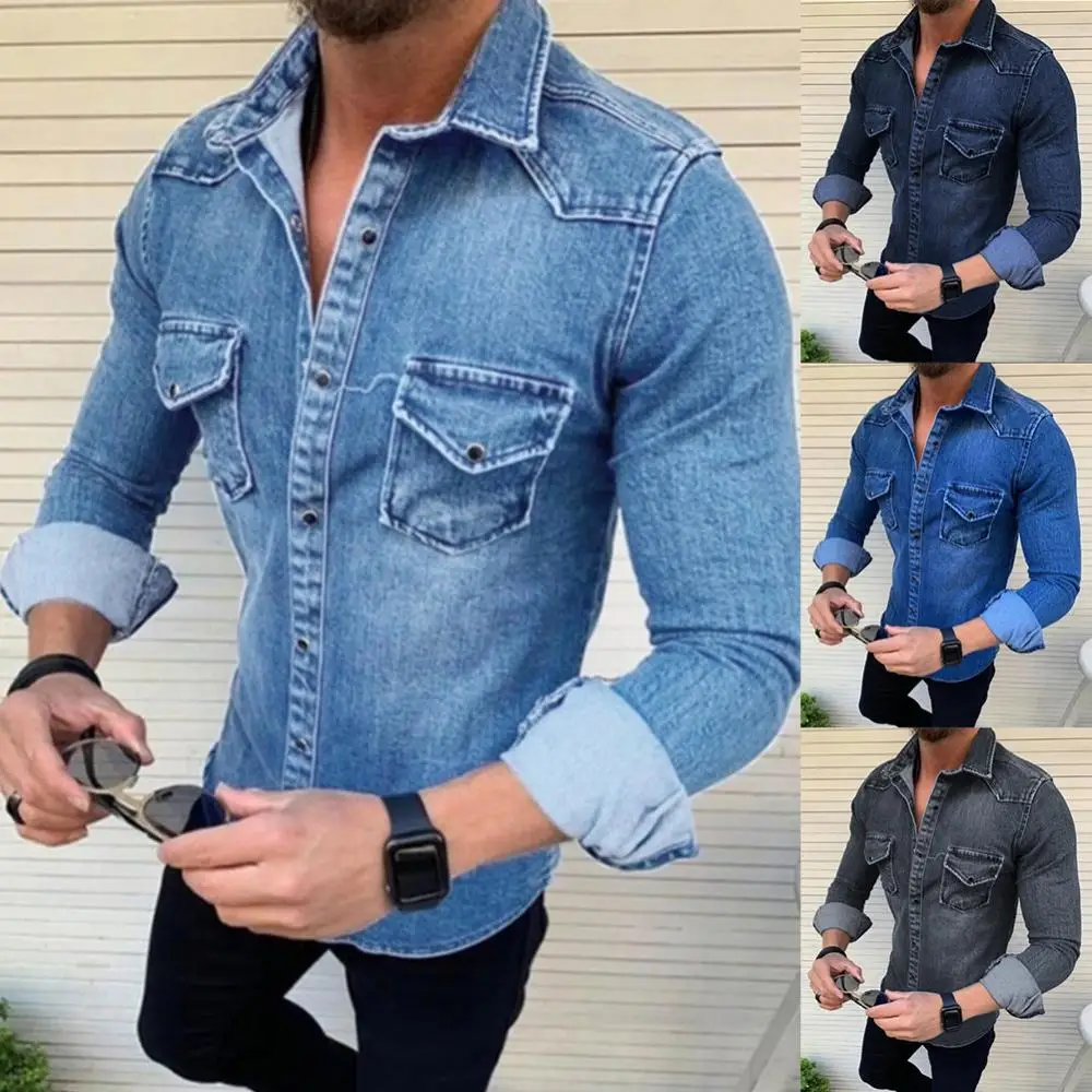 

Рубашка мужская джинсовая с длинным рукавом, однобортная сорочка из денима, повседневная одежда, весна-осень