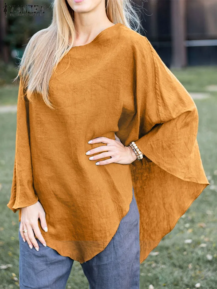 

Модная Осенняя однотонная Асимметричная блузка ZANZEA, Элегантное повседневное свободное пончо, накидка, топы, женская рубашка, накидка, рабочая блузка, сорочка