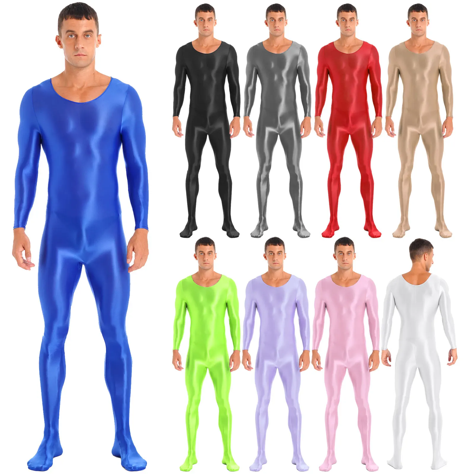 Mens Bodystocking Underwear Smooth Long Sleeve Solid Color Round Neck Bodysuit Pantyhose Nightwear Yoga Sports Fitness Tights