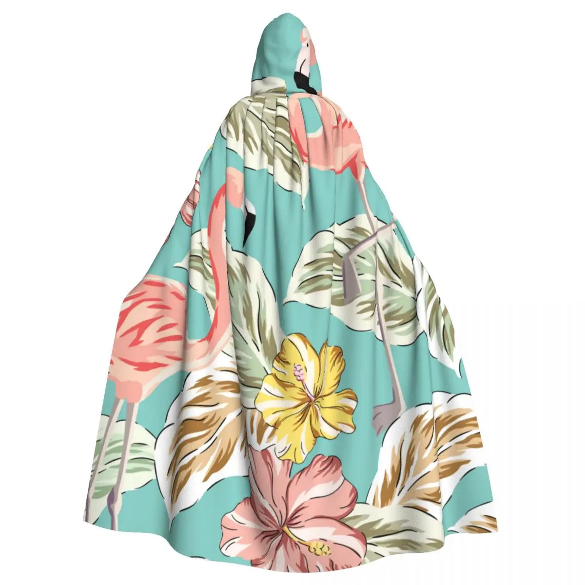 

Tropical Pink Flamingo Birds Palm Leaves Adult Cloak Cape Hooded Medieval Costume Witch Wicca Elf Purim Carnival Party