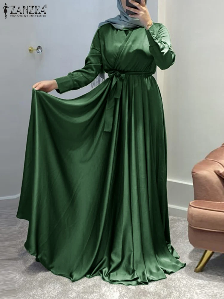 Women's Elegant Satin Muslim Dress 2022 Spring Autumn Solid Long Sleeve Dubai Abaya ZANZEA Fashion Oversized V Neck Turkey Hijab