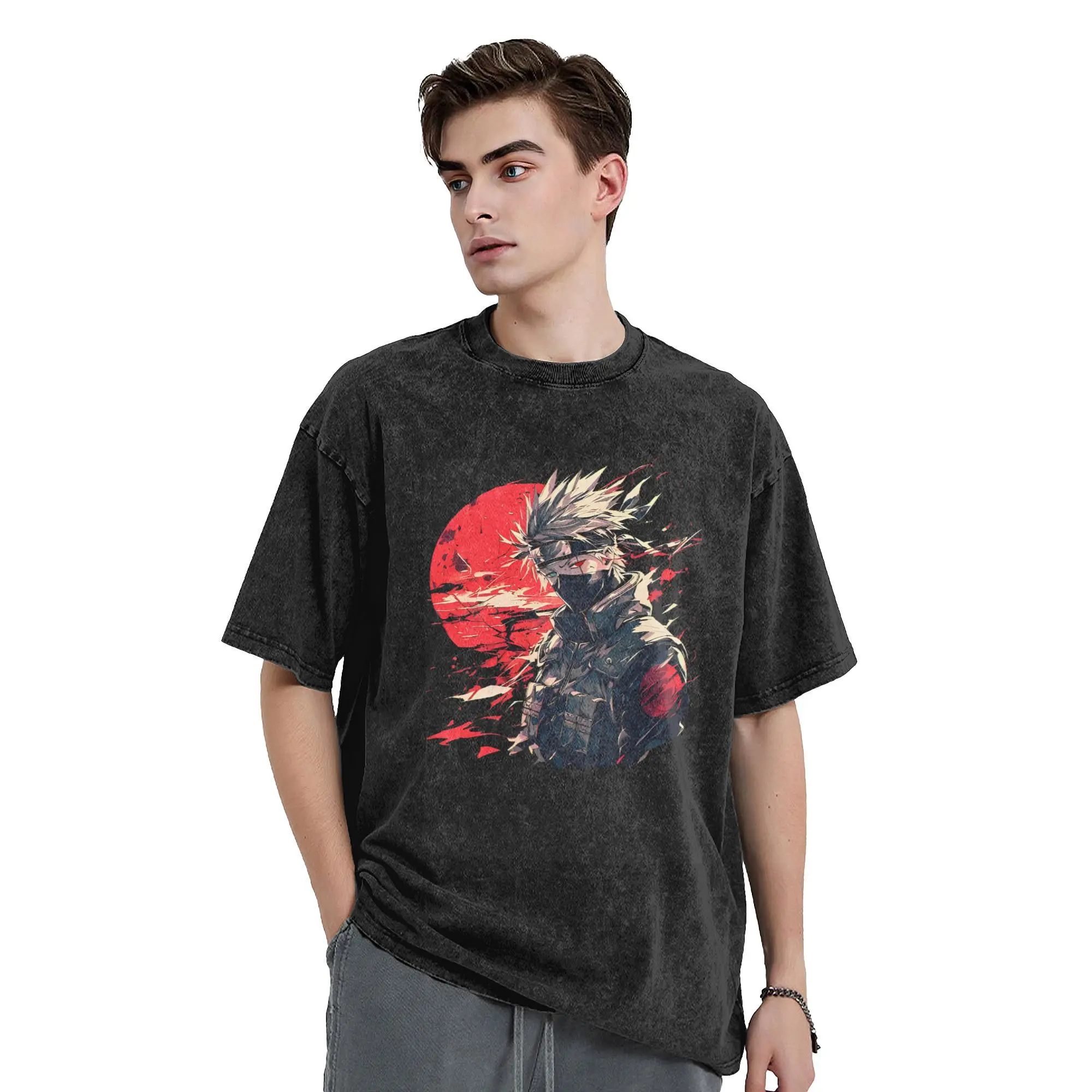 Kakashi Narutos Аниме Винтажная стираная футболка для мужчин и женщин Винтажные