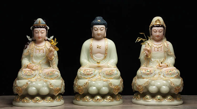 Набор 3P Высококачественная Нефритовая позолоченная статуя богов Будды Си Фан