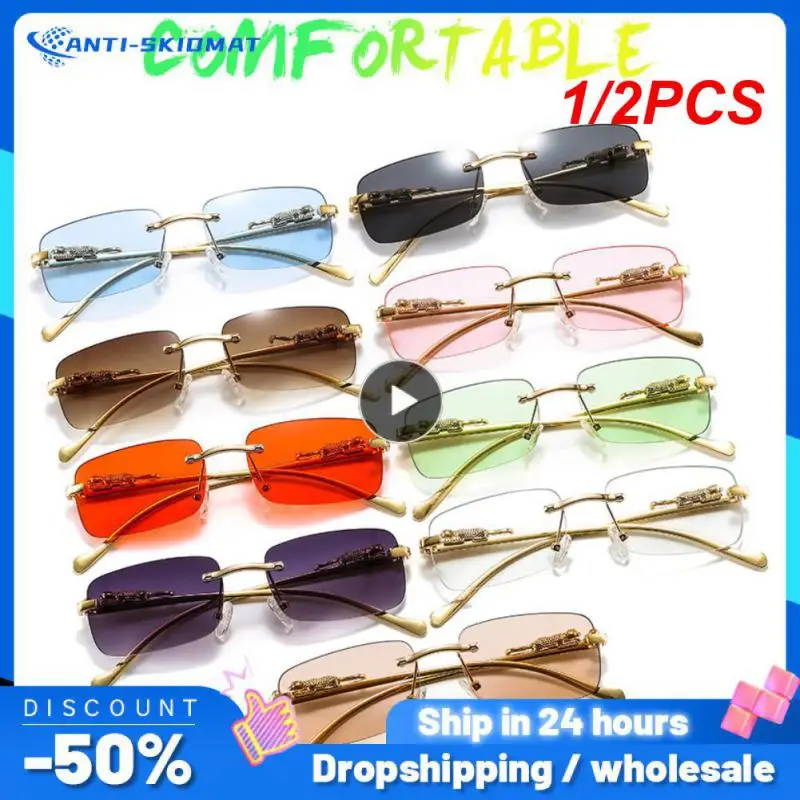 

1/2PCS Vintage Unique Cheetah Rimless Rectangle Sunglasses Women Men Candy Colors Clear Lens Eyewear Brand Designer Sun Glasses
