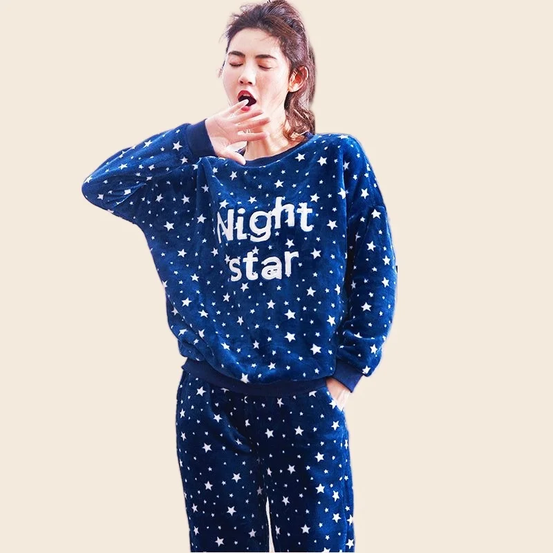 Women's Fashion Pajamas Set Flannel Pyjamas Star Print Homewear Full-Sleeve Long Pants 2Piece/Set Mom Cozy Winter Sleepwear