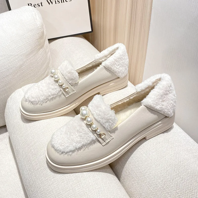 Fashion Pearl Design loafers Women Winter Platform Shoes Plush Shoes Women Outdoor Faux Fur Warm Cotton Shoes Large Women Shoes