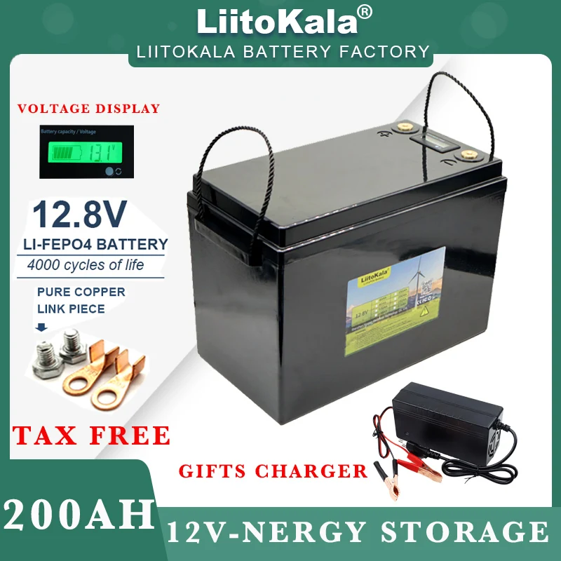 

LiitoKala 12.8V 200Ah LiFePO4 battery pack with 12V 4 string BMS For RV Campers Golf Cart Off-Road Solar Wind 14.6V 20A Charger