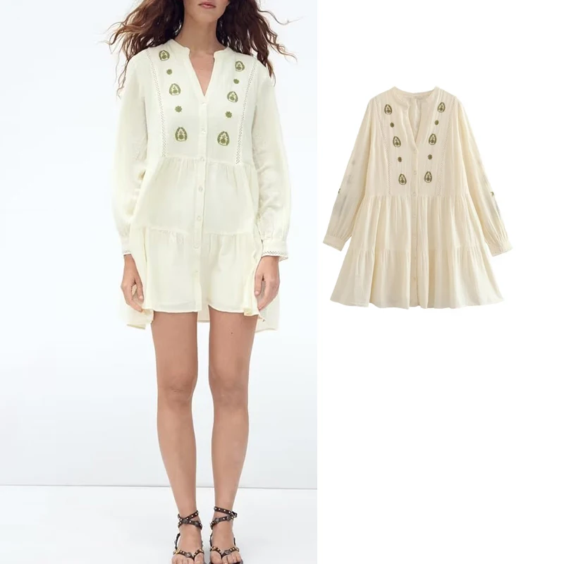 

TRAF Embroidered Mini Dress Woman Ruched Summer Short Dresses For Women Ruffle Loose Women's Dress Long Sleeve Casual Dresses