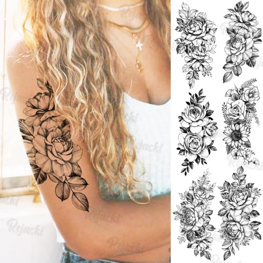 

Large Flower Temporary Tattoos For Women Girls Realistic Sun Flora Lotus Fake Tattoo Sticker Arm Body Tatoos Waterproof DIY