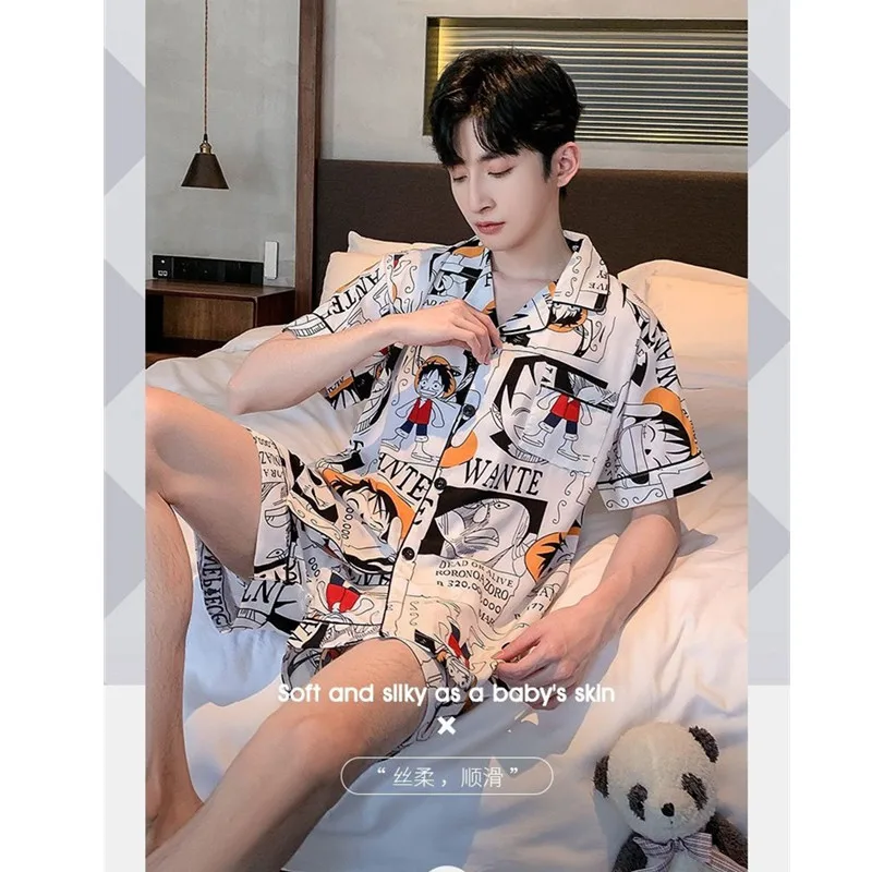 Ice Silk Mens Pajamas Set Summer Short Sleeve Home Clothes 4XL 5XL Hombre Pijama Japan Anime Pyjama For Young Male Nightgown